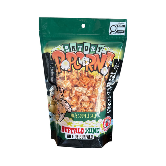 CHOCOLATE MOOSE FUDGE FACTORY BUFFALO WING SAVORY POPCORN