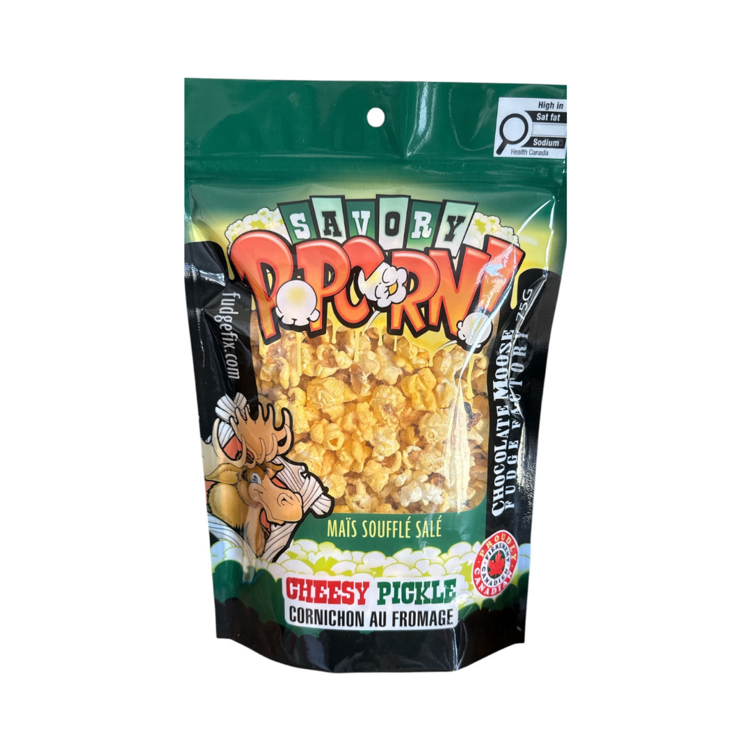 CHOCOLATE MOOSE FUDGE FACTORY CHEESY PICKLE SAVORY POPCORN